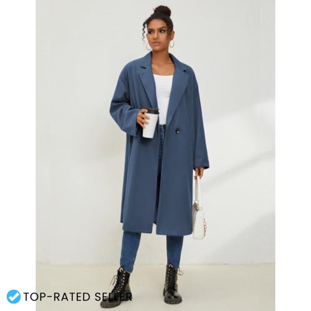 Oversized Wool Blend Trench Coat Double Breasted Long Winter Overcoat Chic - Picture 4 of 6